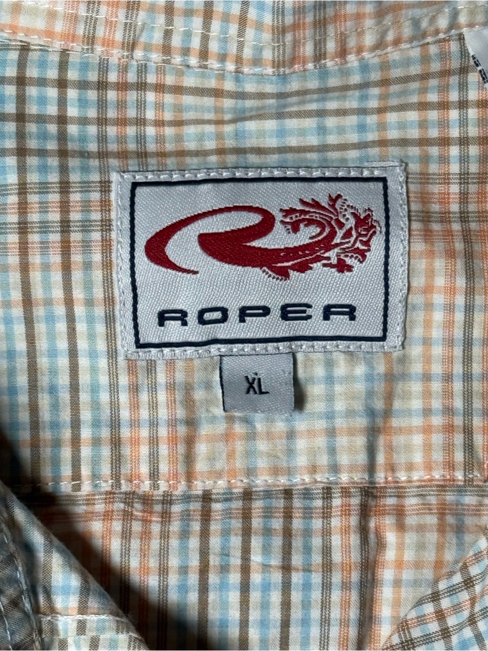 Roper XL Western Plaid Snap Button Shirt Peach Blue Puff Sleeve 100% cotton top - Picture 2 of 9